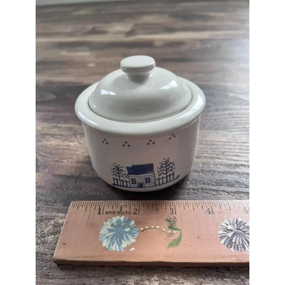 Vintage Lillian Vernon Covered Stoneware Jar, Blue White Cottage Canister